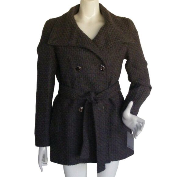 new CALVIN KLEIN Overcoat, S, Basket weave, Gray, Sash Belt, Double Breasted - Picture 10 of 15